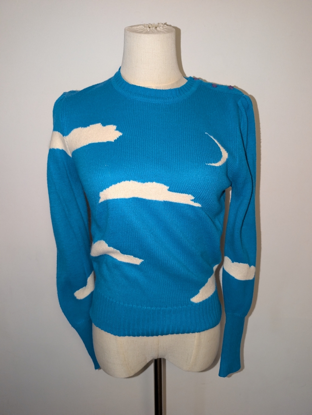 Vintage Eclipse Bright Turquoise Crewneck Sweater with Cloud & Crescent Moon